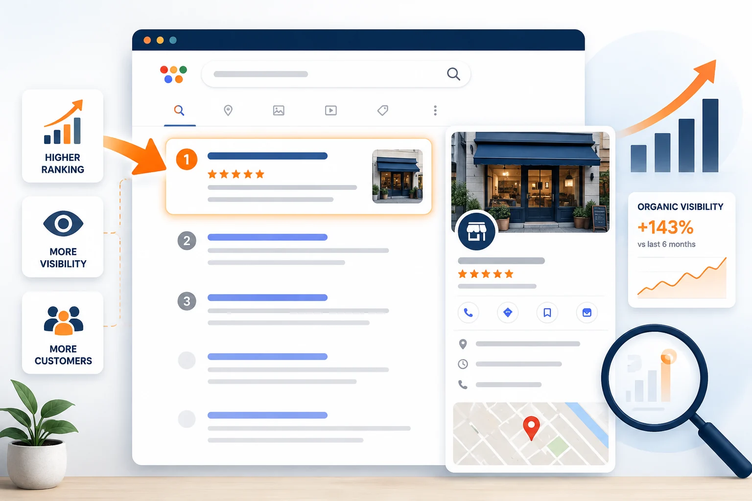 Exemplo visual de uma empresa aparecendo nos resultados do Google
