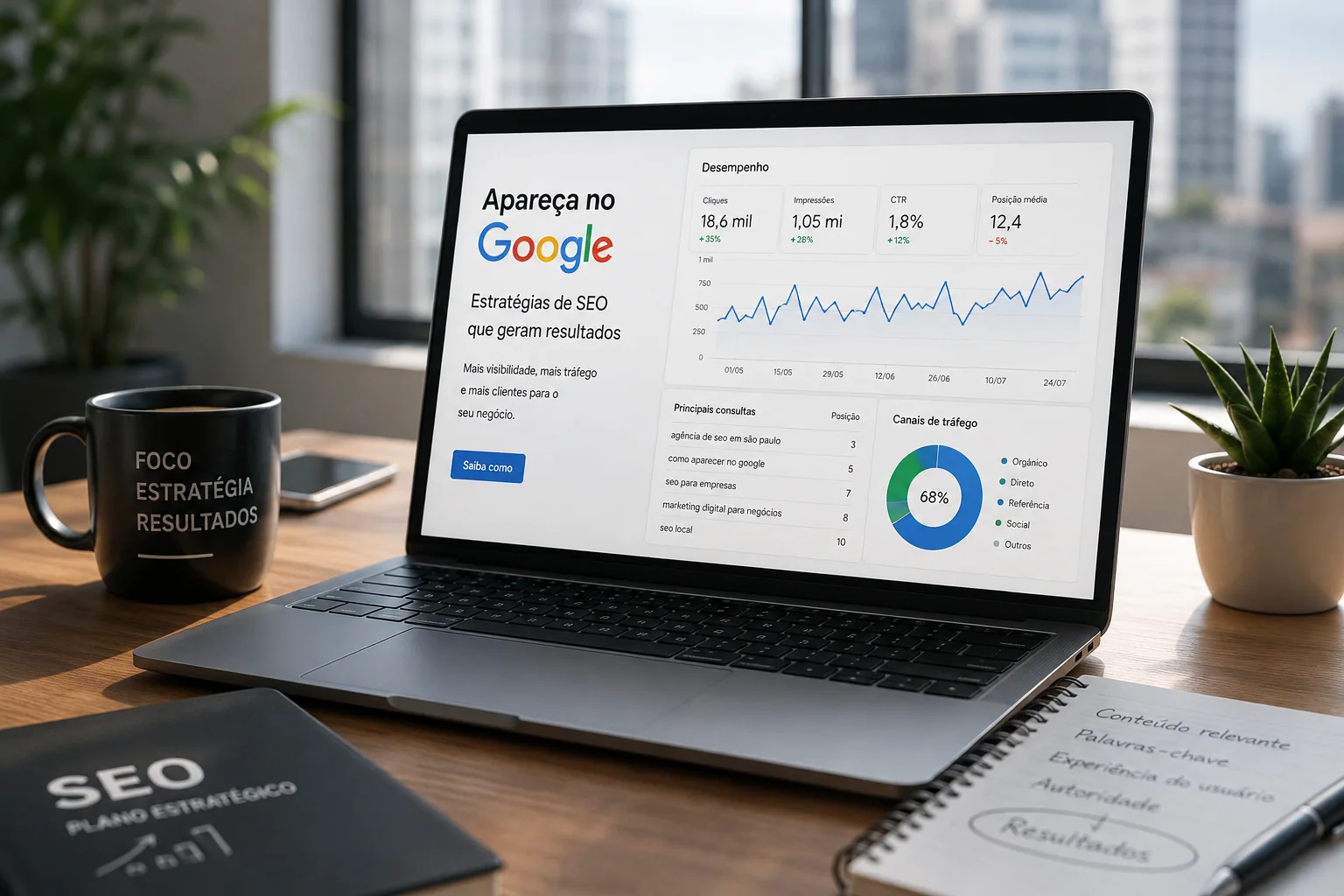 Painel do Google Search Console com gráficos e indicadores de SEO
