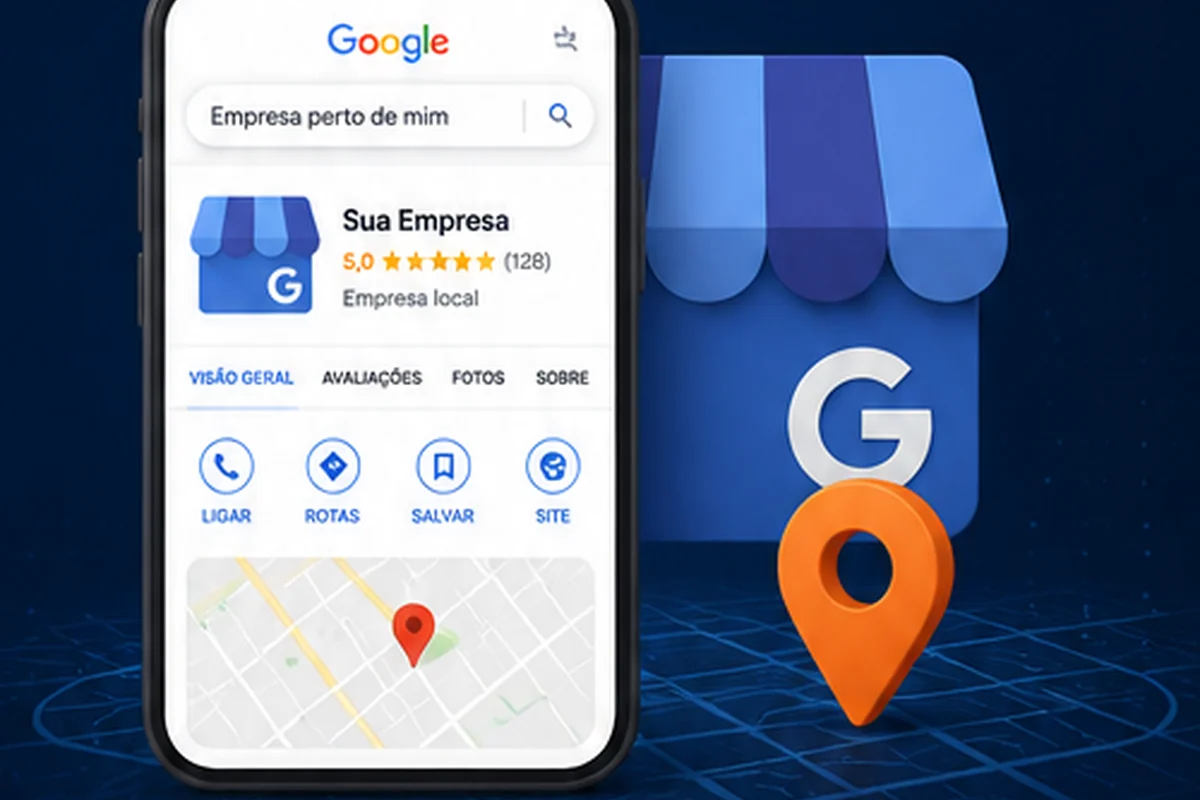 Ilustração da Top Page sobre Perfil da Empresa no Google, presença local, mapa e recursos de contato