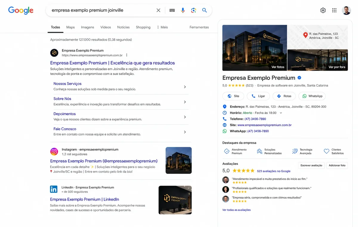 Exemplo de Perfil da Empresa no Google com avaliações mapa e contatos
