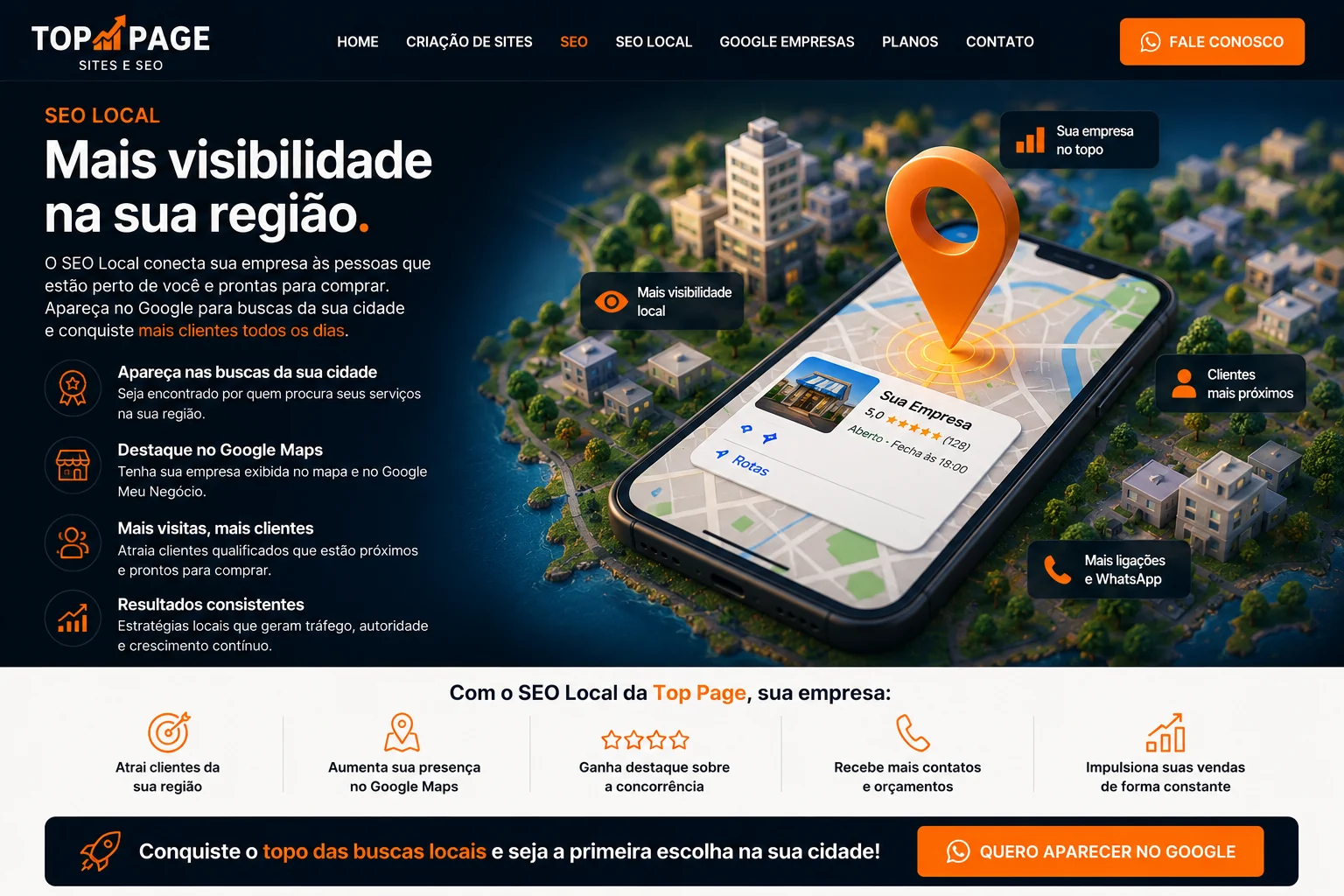 Visual da Top Page sobre SEO Local, presença regional e destaque da empresa nas buscas locais