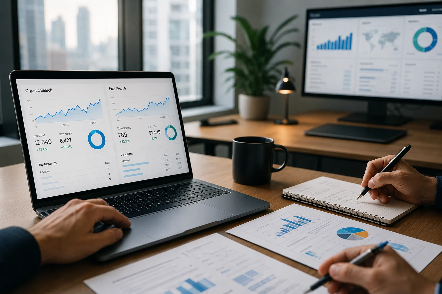 Painel de métricas medindo resultados de SEO e oportunidades