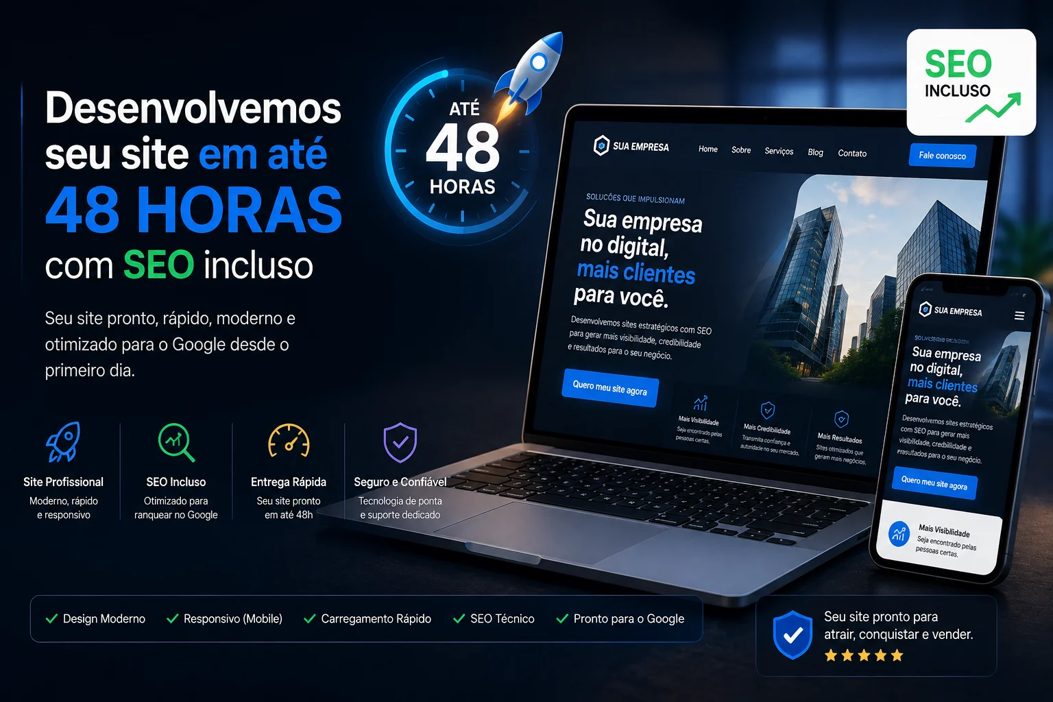 Site profissional responsivo exibido em computador e celular